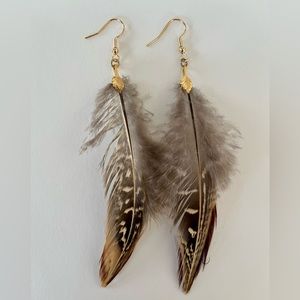 Boho feather earrings - pheasant feathers - gold plated brass